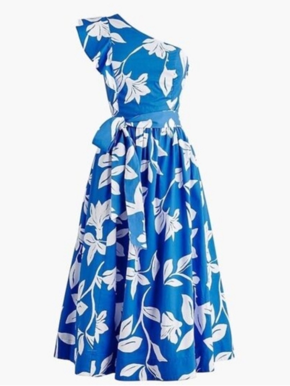 J.Crew One-Shoulder Midi Dress Blue White Floral Size 10 - Picture 2 of 13